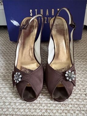 Stuart Weitzman Brown Satin Peep-Toe Slingbacks with Crystal buckle Size 9M
